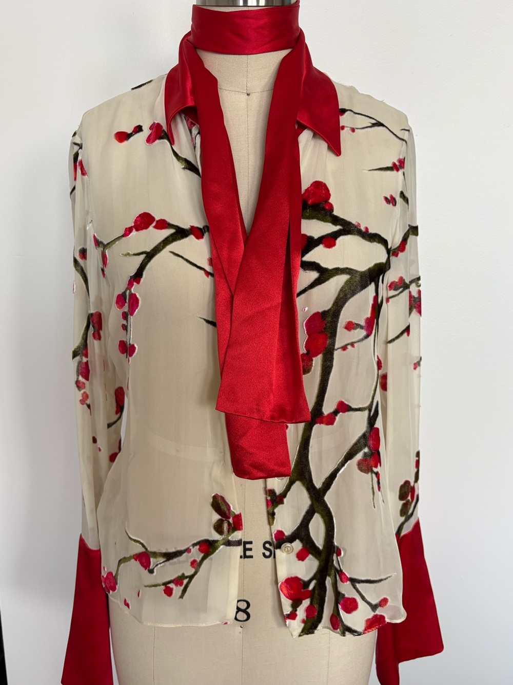 Vintage Ungaro Couture Silk Cream Floral Tie-Neck Blouse w/ Red Accents - Picture 6 of 15